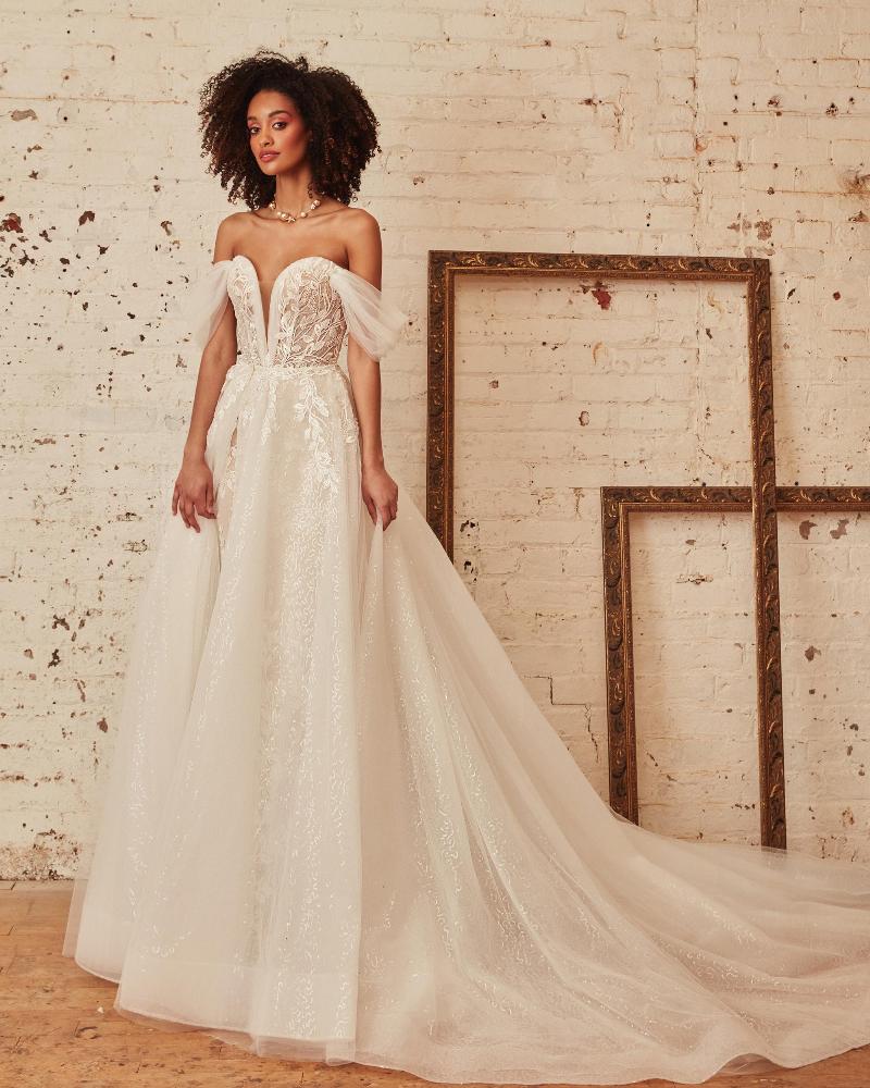 La21222 lace sheath wedding dress with overskirt and off the shoulder sleeves4